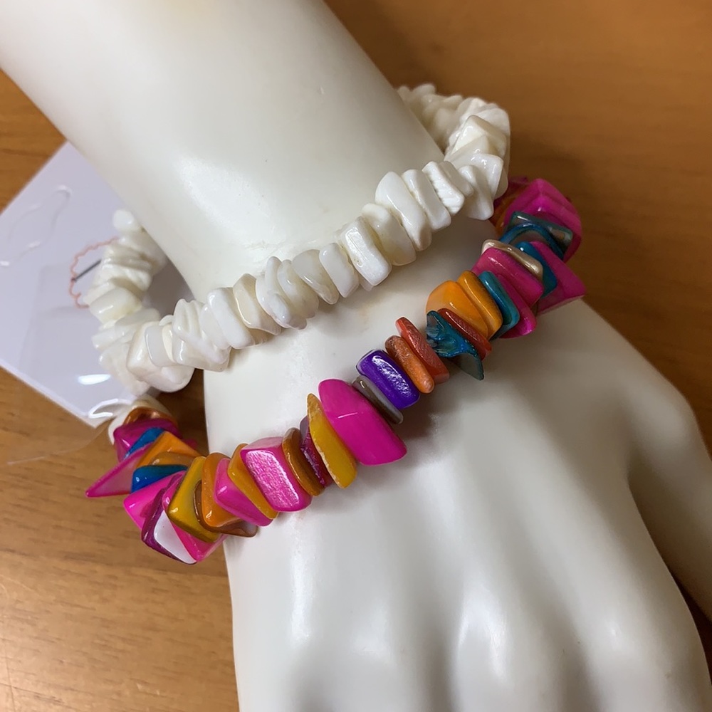 NWT Pink & White Puka Shell Bracelet Set – Stretch Beach Surfer Boho Jewelry - Picture 3 of 6
